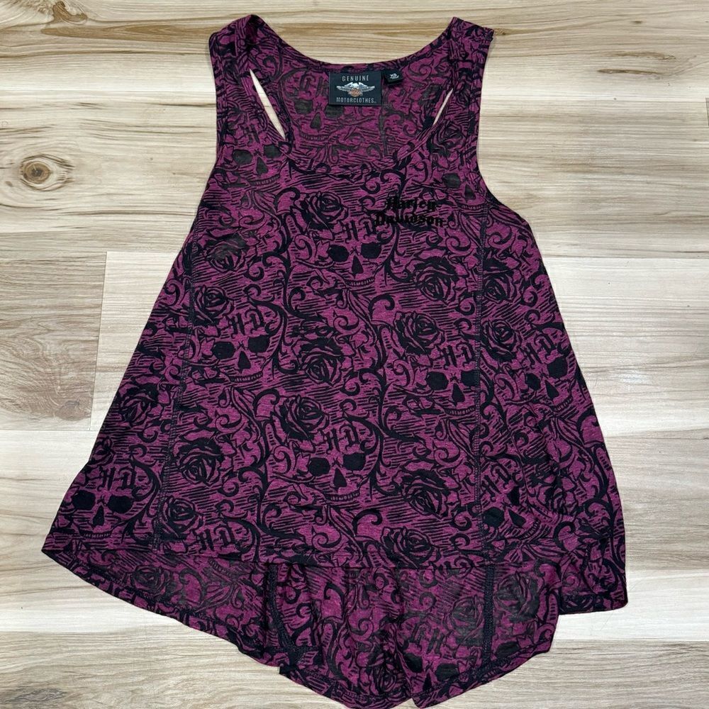 Harley Davidson Semi Sheer Skull Maroon Black Moto Flowy Tank Top Women’s XS